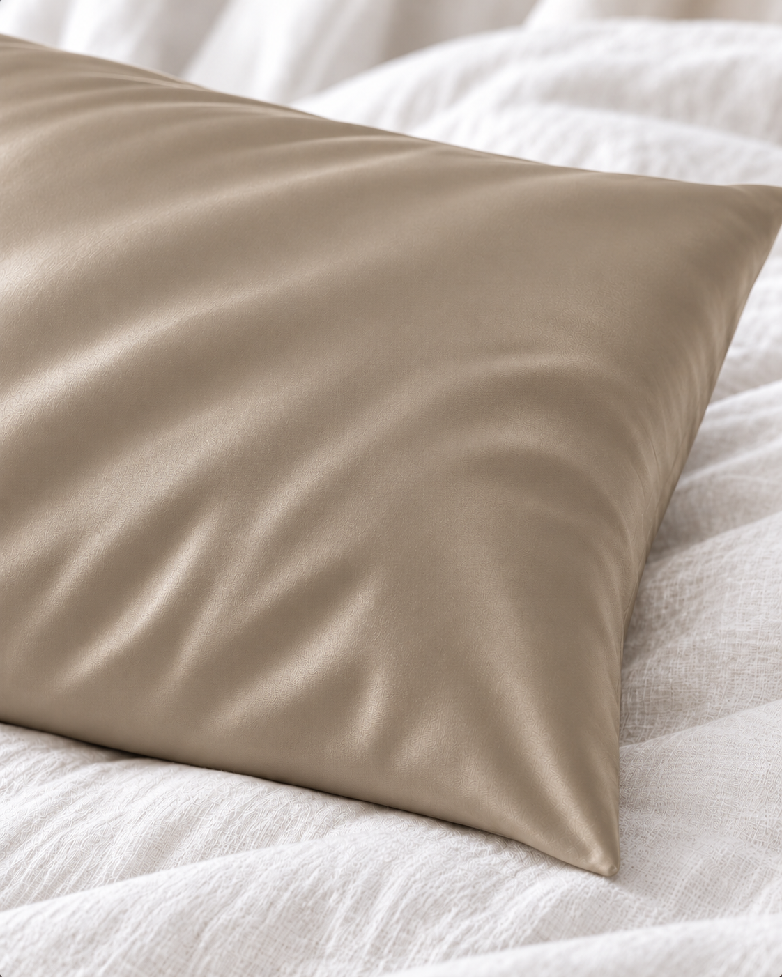 Détail de la matière et du coin de la taie d’oreiller soie Taupe