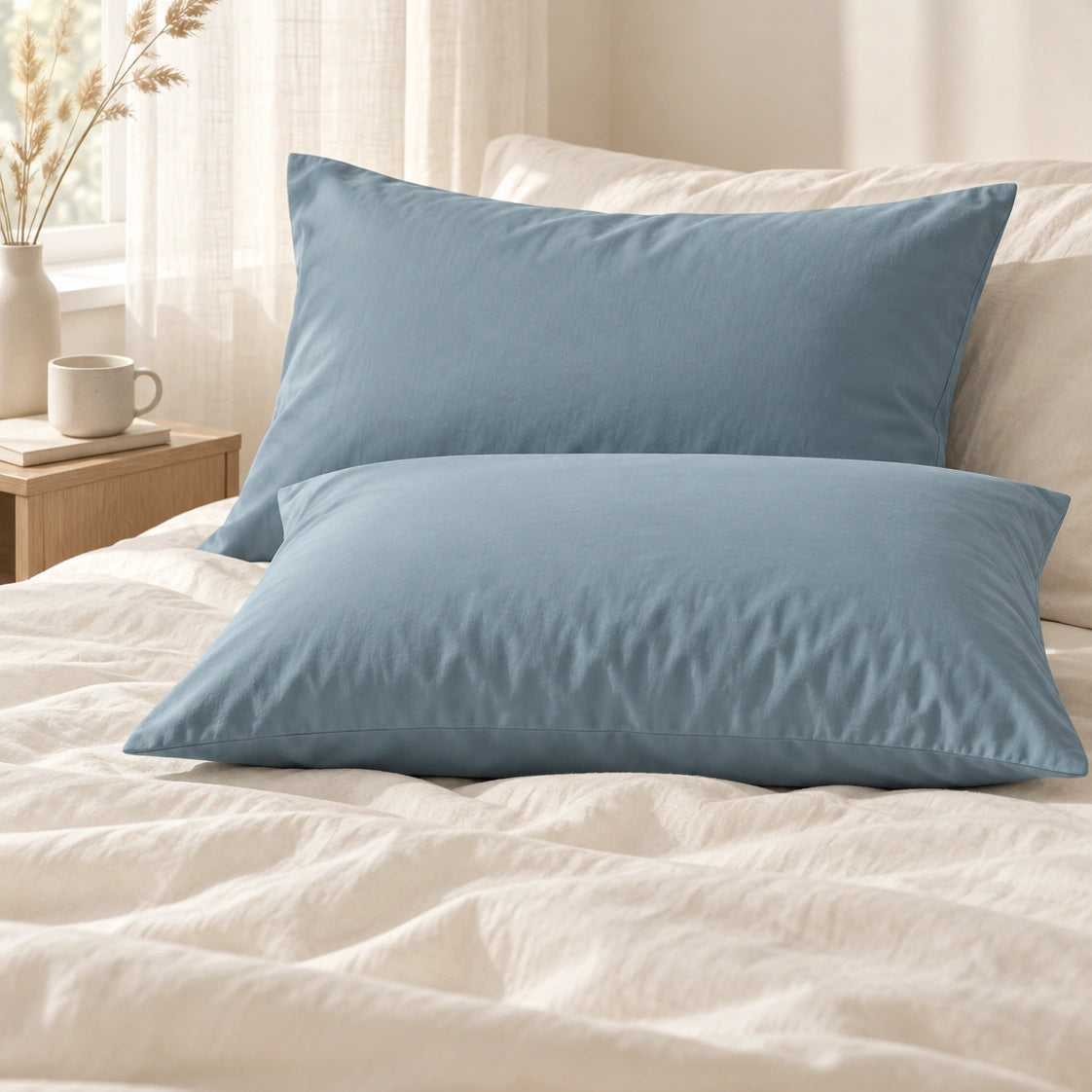Taies d'oreiller en coton bleu brume sur un lit