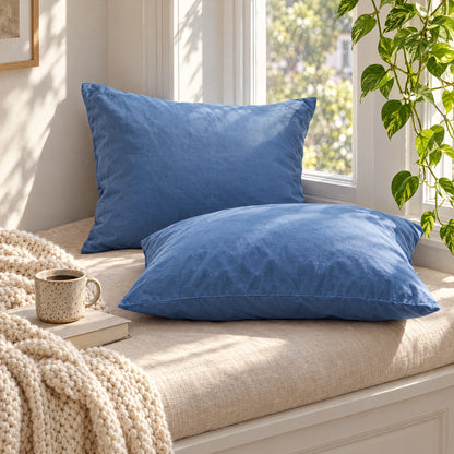Taies d'oreiller en coton bleu, banquette de fenêtre