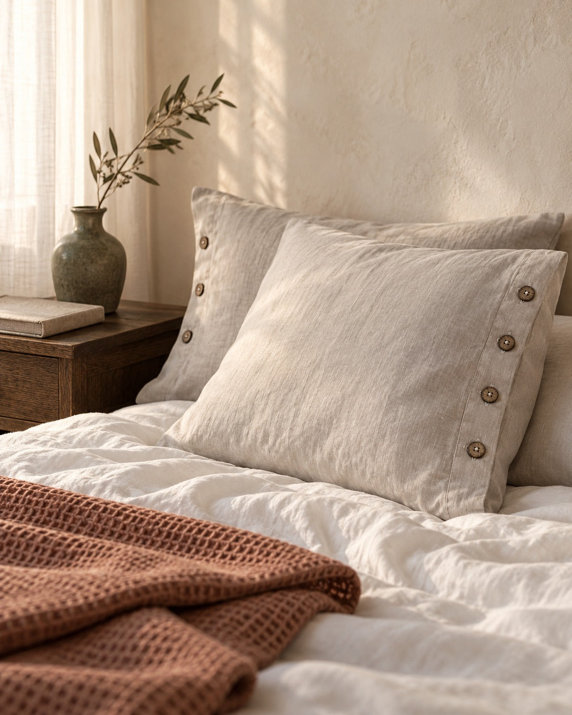 Deux taies d'oreiller en lin pur beige