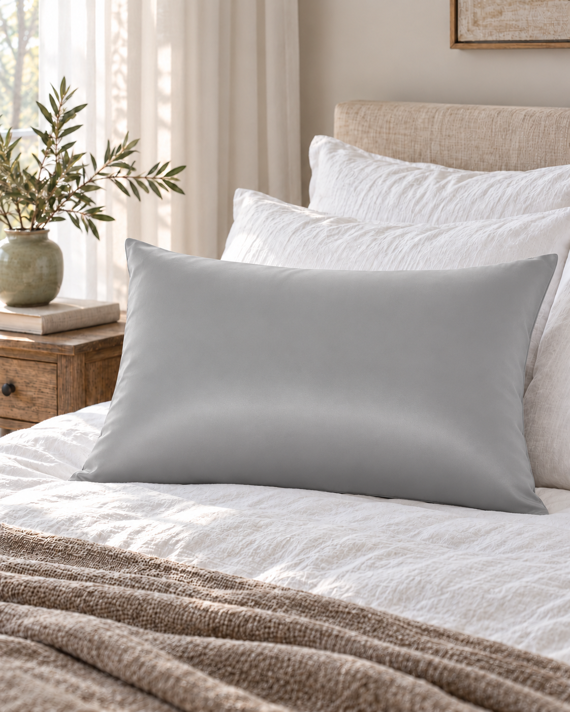 Taie d’oreiller soie Argent sur un lit, ambiance chambre