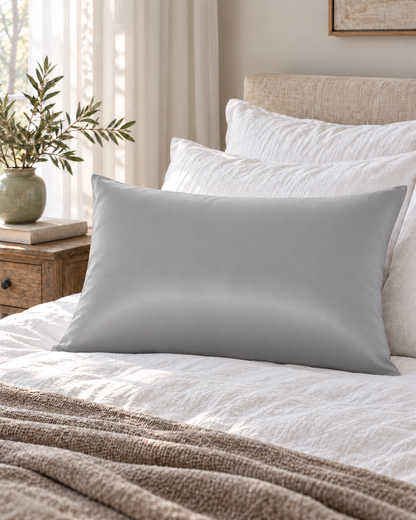 Taie d’oreiller soie Argent sur un lit, ambiance chambre