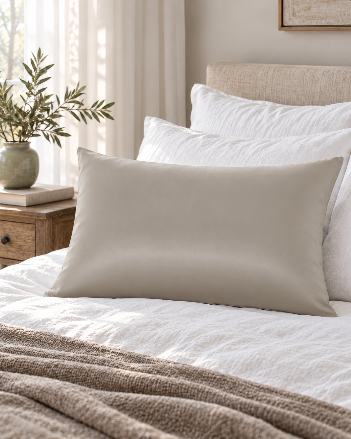 Taie d’oreiller soie Beige sur un lit, ambiance chambre
