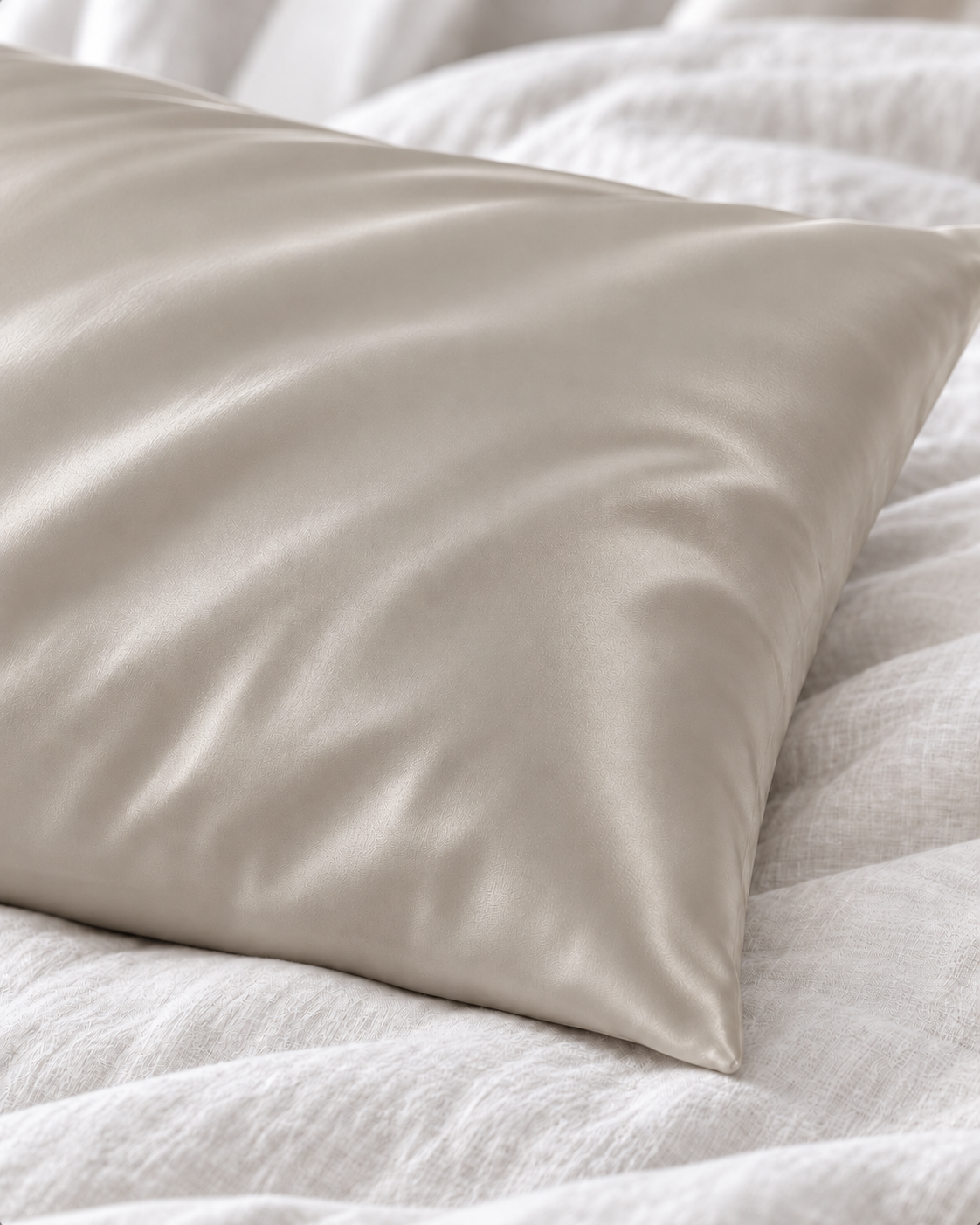 Détail de la matière et du coin de la taie d’oreiller soie Beige