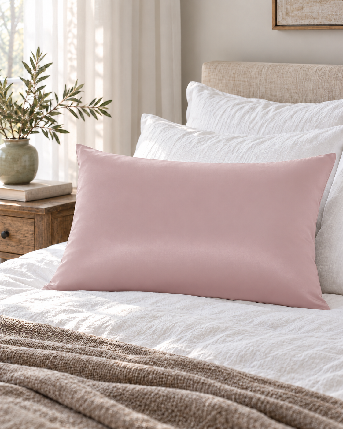 Taie d’oreiller soie Rose Poudré sur un lit, ambiance chambre