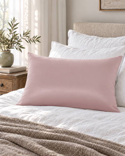 Taie d’oreiller soie Rose Poudré sur un lit, ambiance chambre