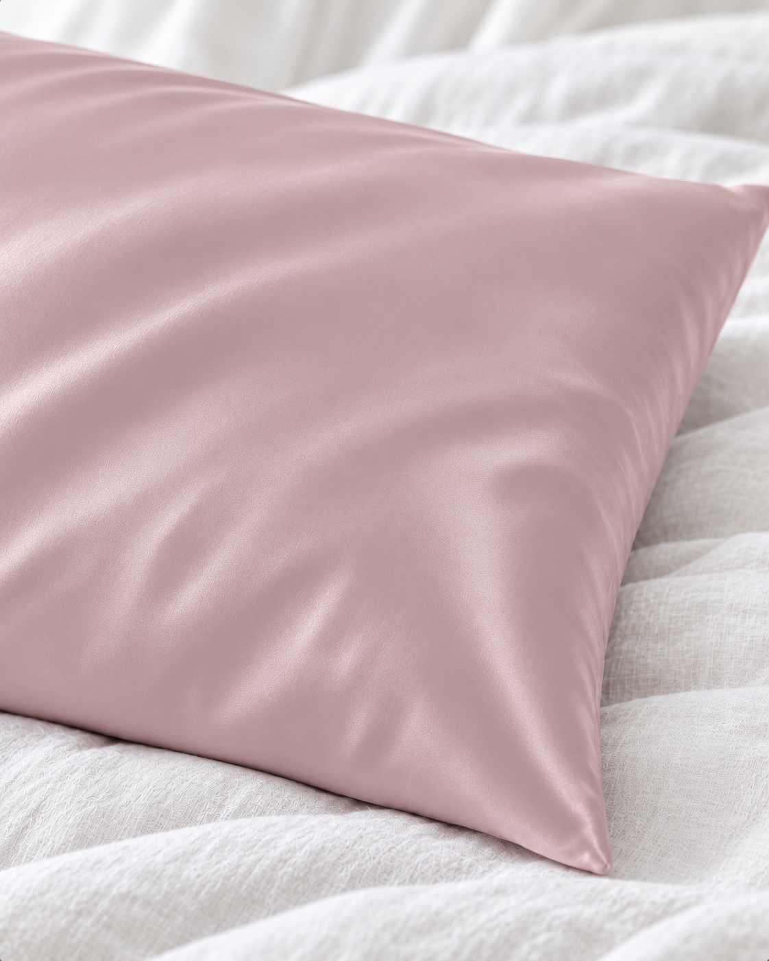 Détail de la matière et du coin de la taie d’oreiller soie Rose Poudré
