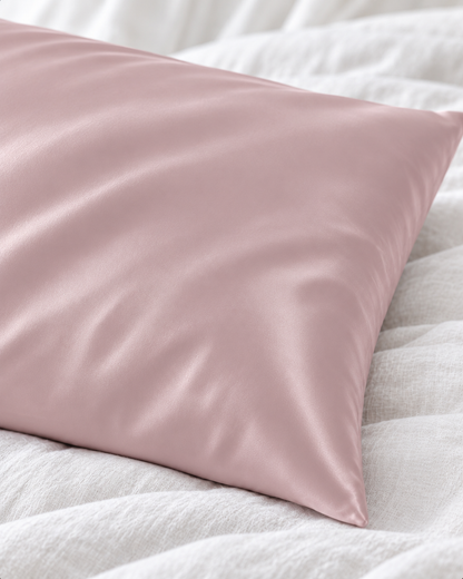 Détail de la matière et du coin de la taie d’oreiller soie Rose Poudré