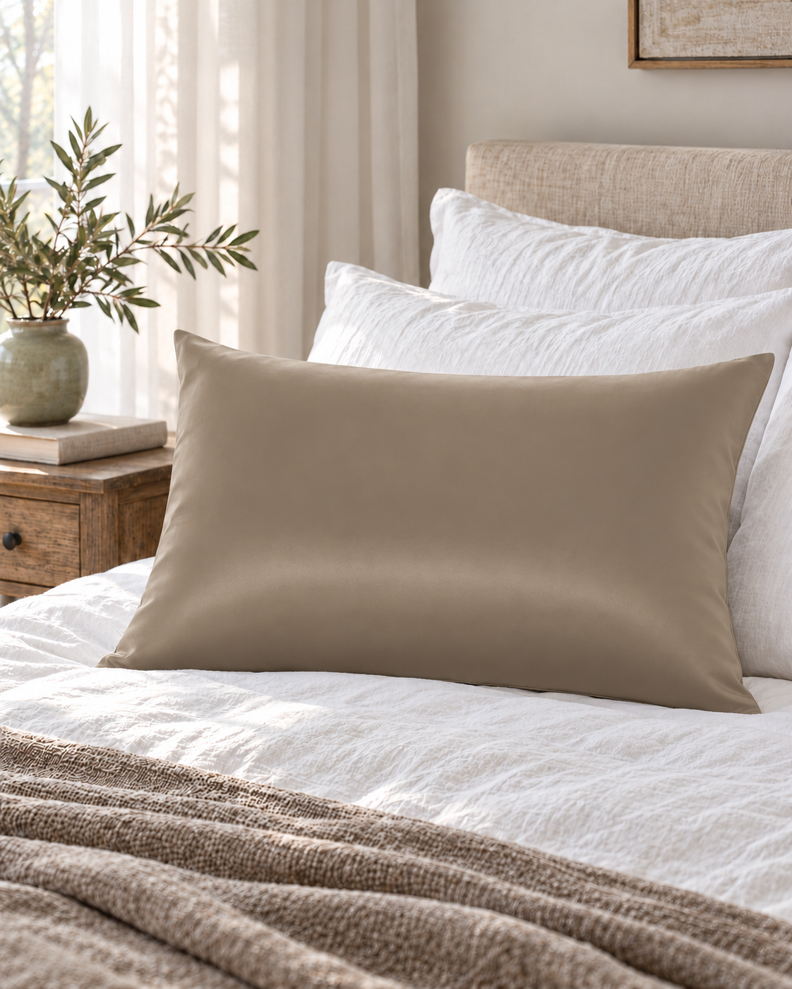 Taie d’oreiller soie Taupe sur un lit, ambiance chambre