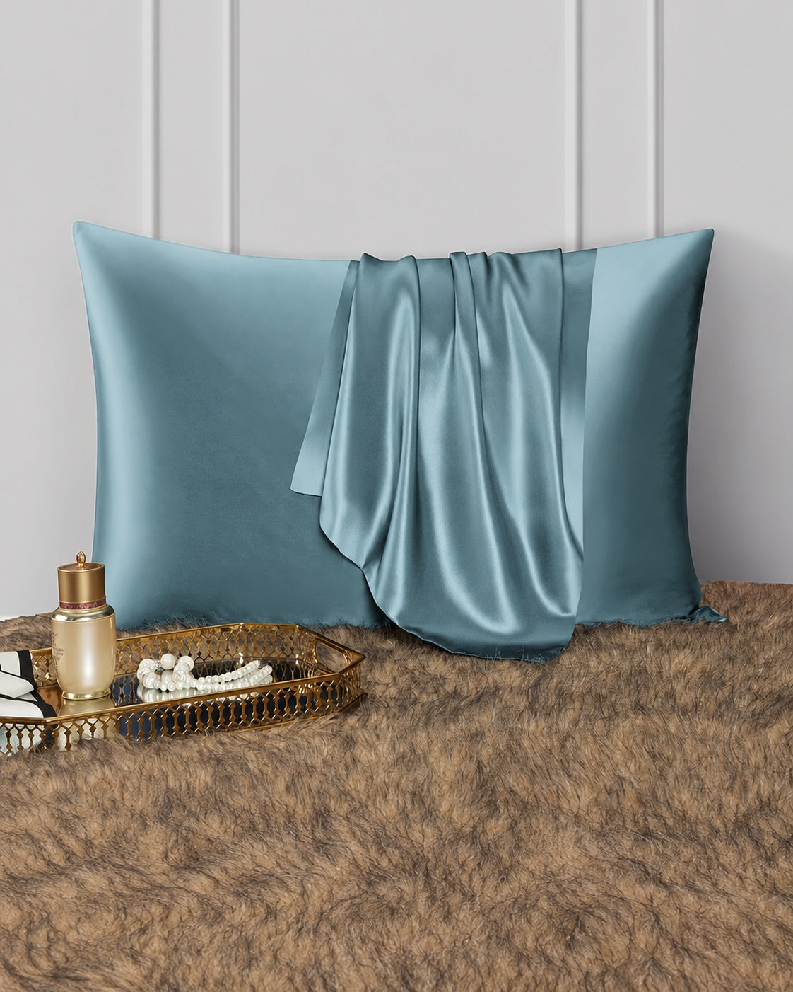 taie oreiller soie double face bleu brume