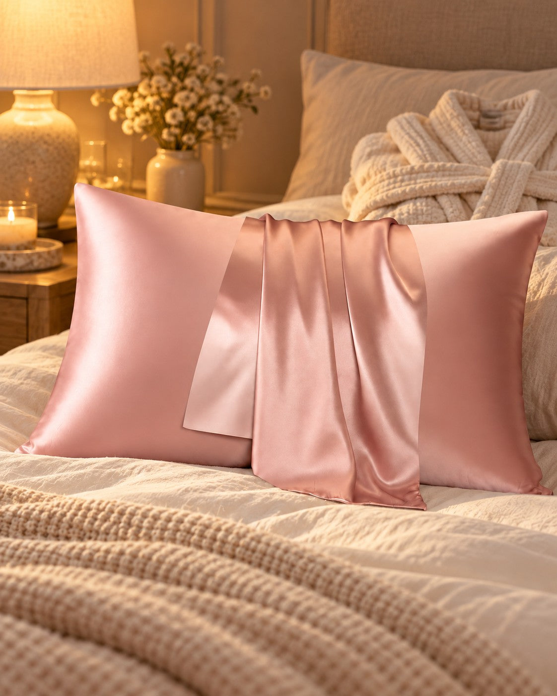 taie oreiller soie rose double face, ambiance chambre