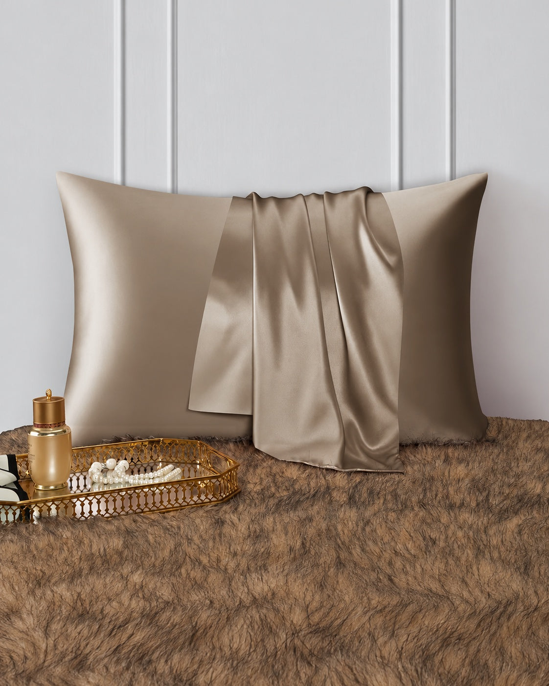 taie oreiller soie double face taupe